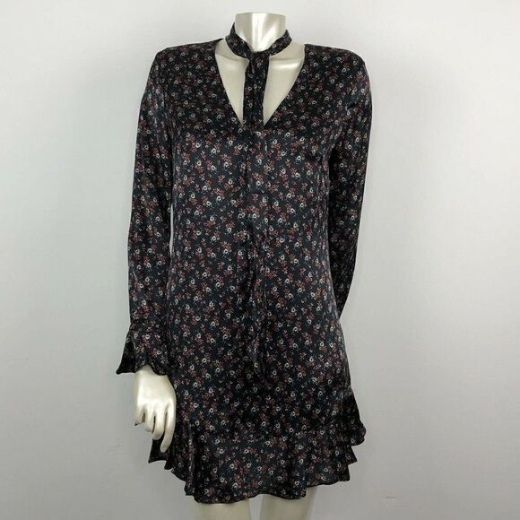 Intermix Serena Tie Neck Ruffle Shift Silk Dress in Black Floral Print. Size 4 - Picture 2 of 10